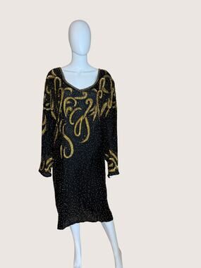 Black Gold Beaded Sequin Midi Dress